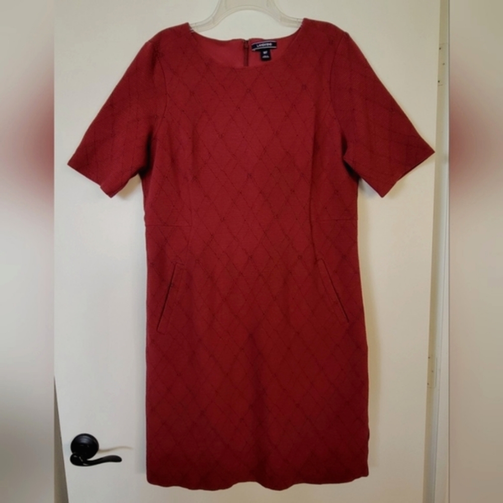 Lands' End XL Midi Knit Short-Sleeve Dress Textured Dark Red Harlequin Pattern
